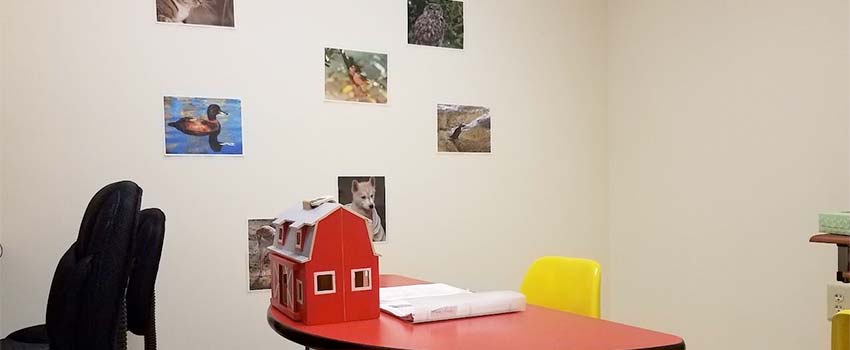 USA Developmental Stuttering lab whoing desk with toy barn on it.