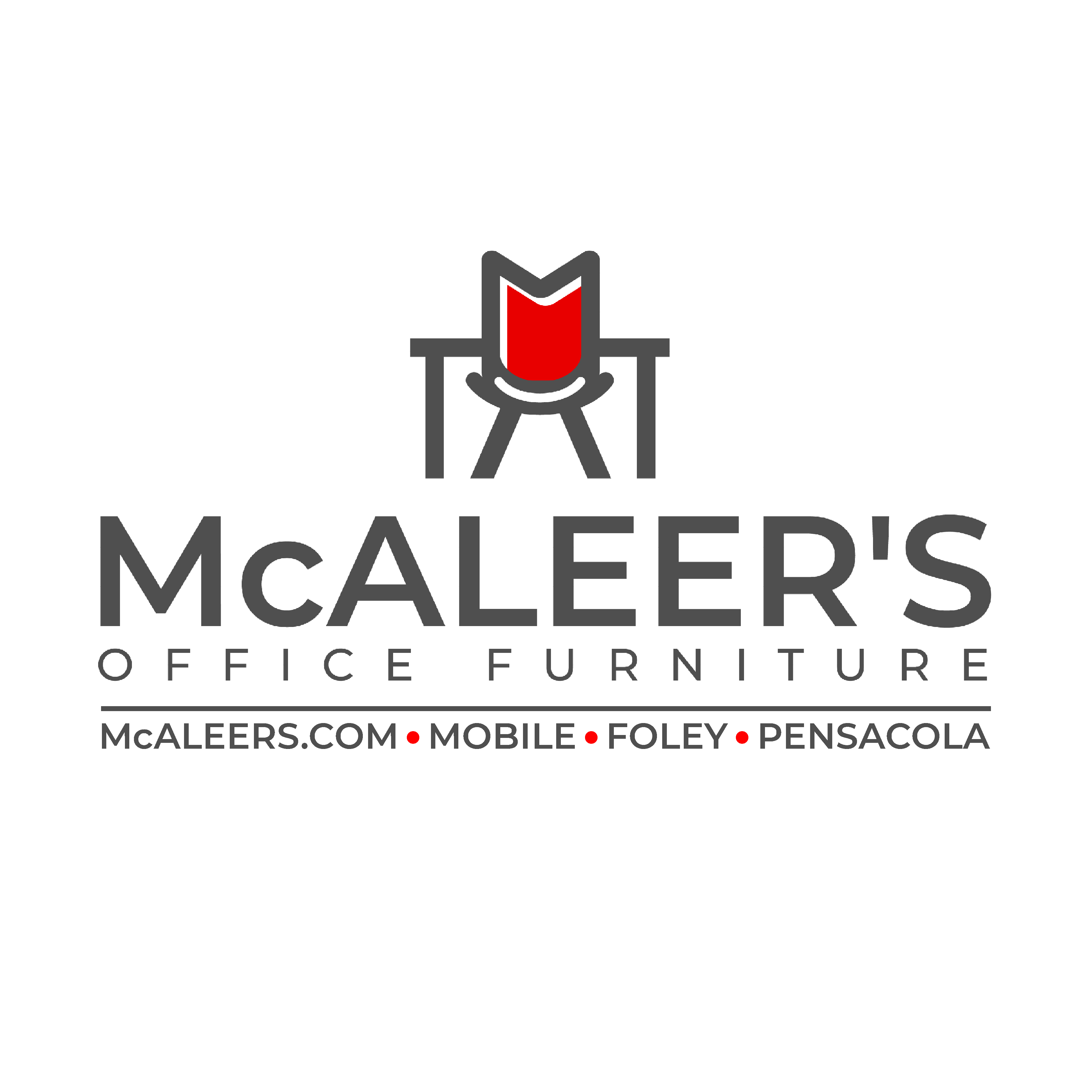McAleer's Company Logo grey chair and grey desk with McAleer's company name and 3 locations