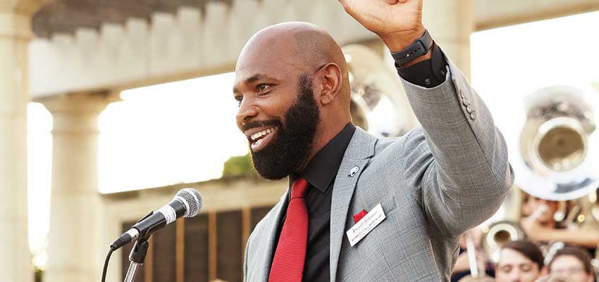 Ronnie Stallworth giving a speech under Moulton Tower. data-lightbox='featured'