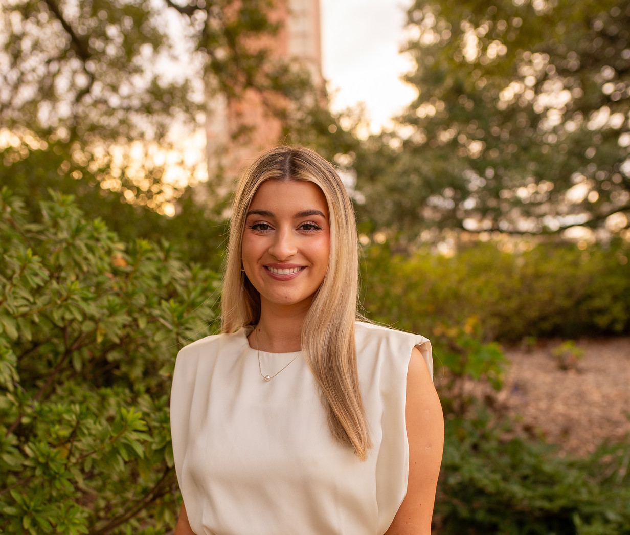 anastasia standing in front of moulton tower