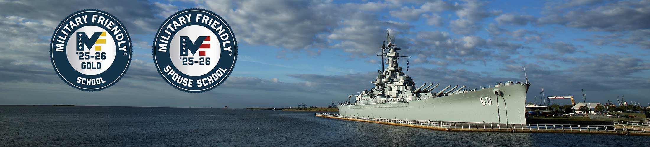 Battleship on Mobile Bay with Military Friendly logos.