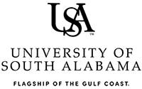 USA Black Logo with the words University of South Alabama and Flagship of the Gulf Coast stacked underneath letters