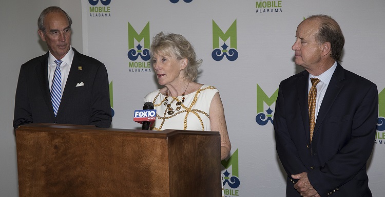 “USA is really honored to be a part of this program, which can become a model locally as well as nationally with everyone working together,” Lynne Chronister, USA vice president for research and economic development, said at a Tuesday news conference with Mobile Mayor Sandy Stimpson, left, and Gulf Shores Mayor Robert Craft. data-lightbox='featured'