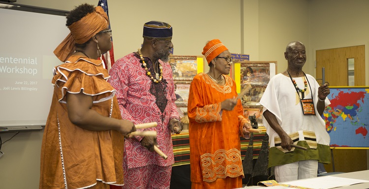 Dr. Joel Lewis Billingsley, a faculty member in the College of Education and Professional Studies, presented along with her family a personal historic perspective about the last survivor of the last slave ship that docked in Mobile Bay, as part of a workshop for elementary school teachers. From left, Lewis Billingsley; her father, Robert Lewis; her mother, Paulette Lewis; and her great uncle, Israel Lewis III.
data-lightbox='featured'