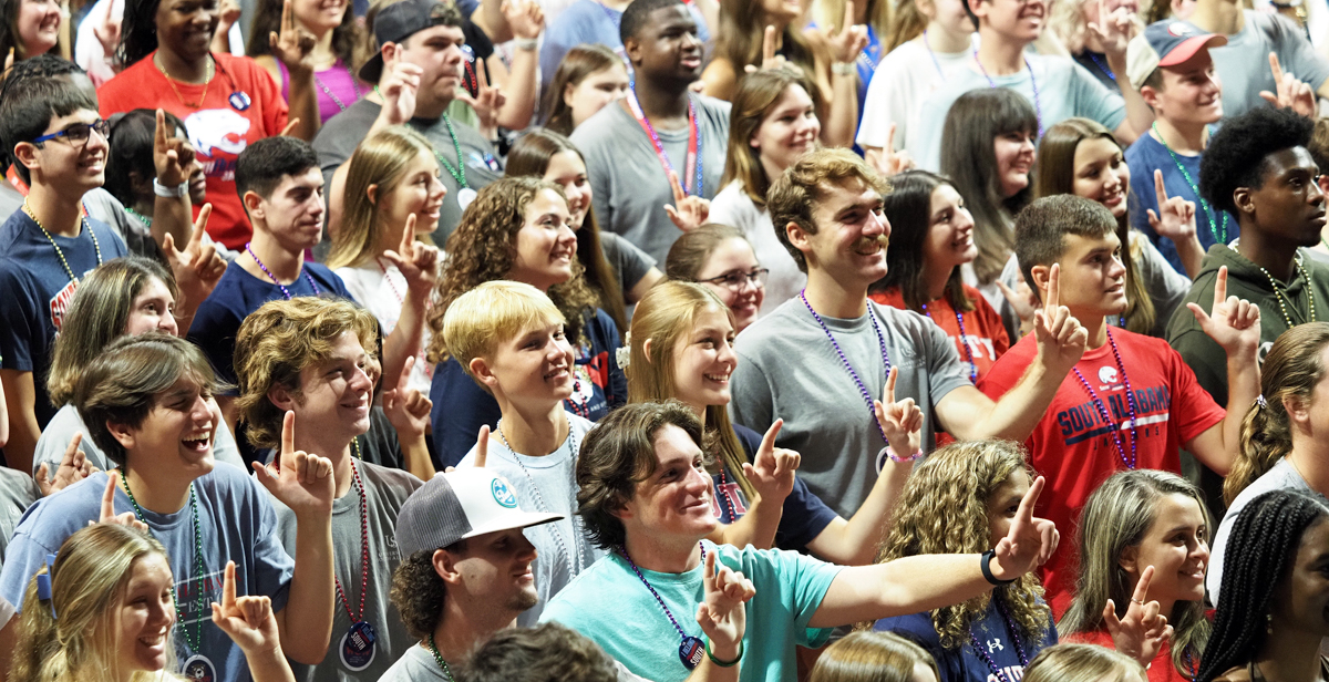 First-year students get a primer on school spirit at Convocation on Monday at the University of South Alabama. Among the lessons: How to properly show your J. Convocation welcomes freshmen and new faculty. data-lightbox='featured'