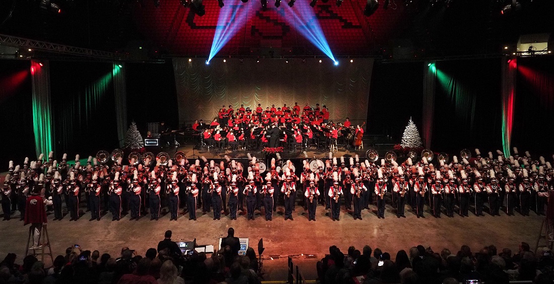 The Jaguar Marching Band joined instrumental and vocal ensembles for the finale of the 2022 Holiday Concert. data-lightbox='featured'
