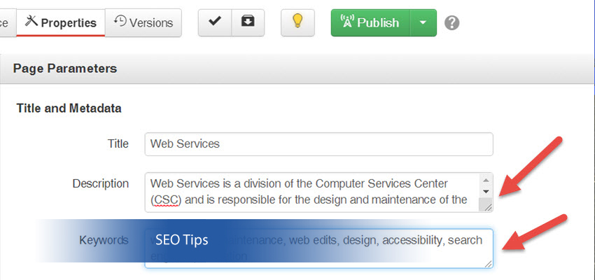 Properties screen showing meta description and keywords data-lightbox='featured'